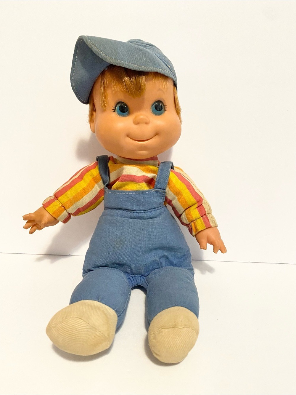Vintage 1970 Mattel Baby Beans 11" Baby Boy Doll Bean Bag w/ Hat Striped Top Toy